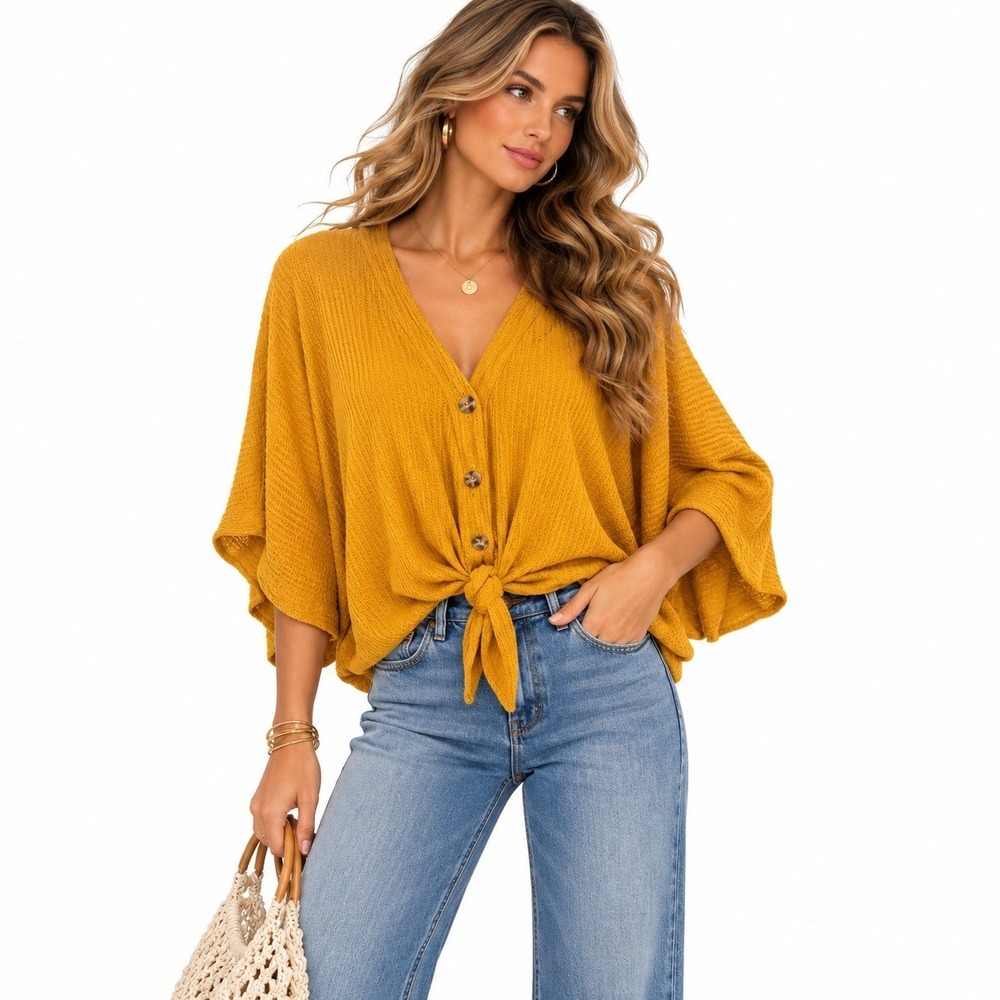 Free Kisses Cardigan Mustard Yellow Waffle Knit Tie Front Boho Women 1X
